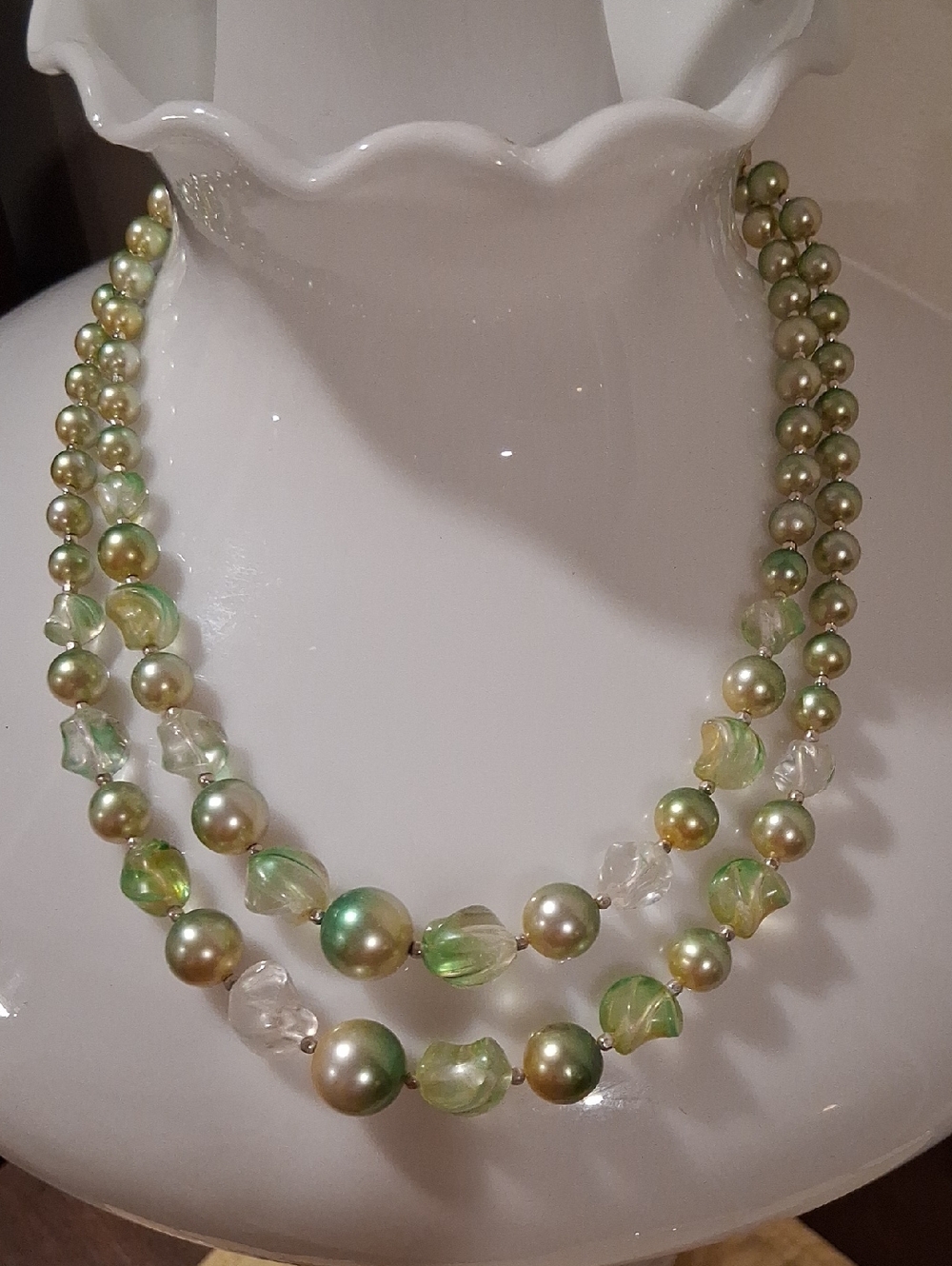 Two-Strand Green Pearl and Crystal Necklace